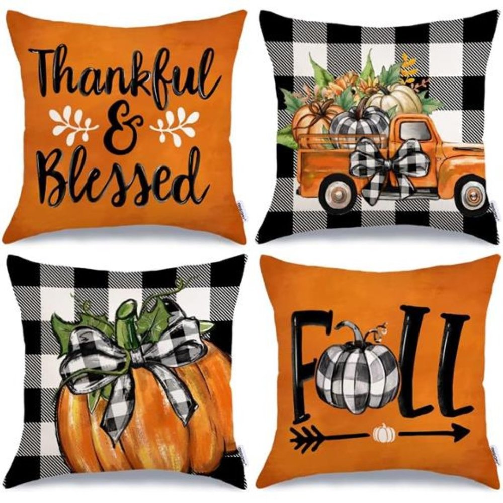 Thanksgiving Pillow Covers Set Fall Decor Buffalo Plaid Farmhouse Decorations